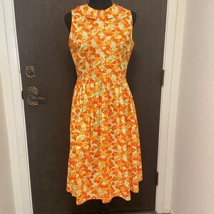 60's style collar sleeveless orange green cotton pleated sun dress size 6
